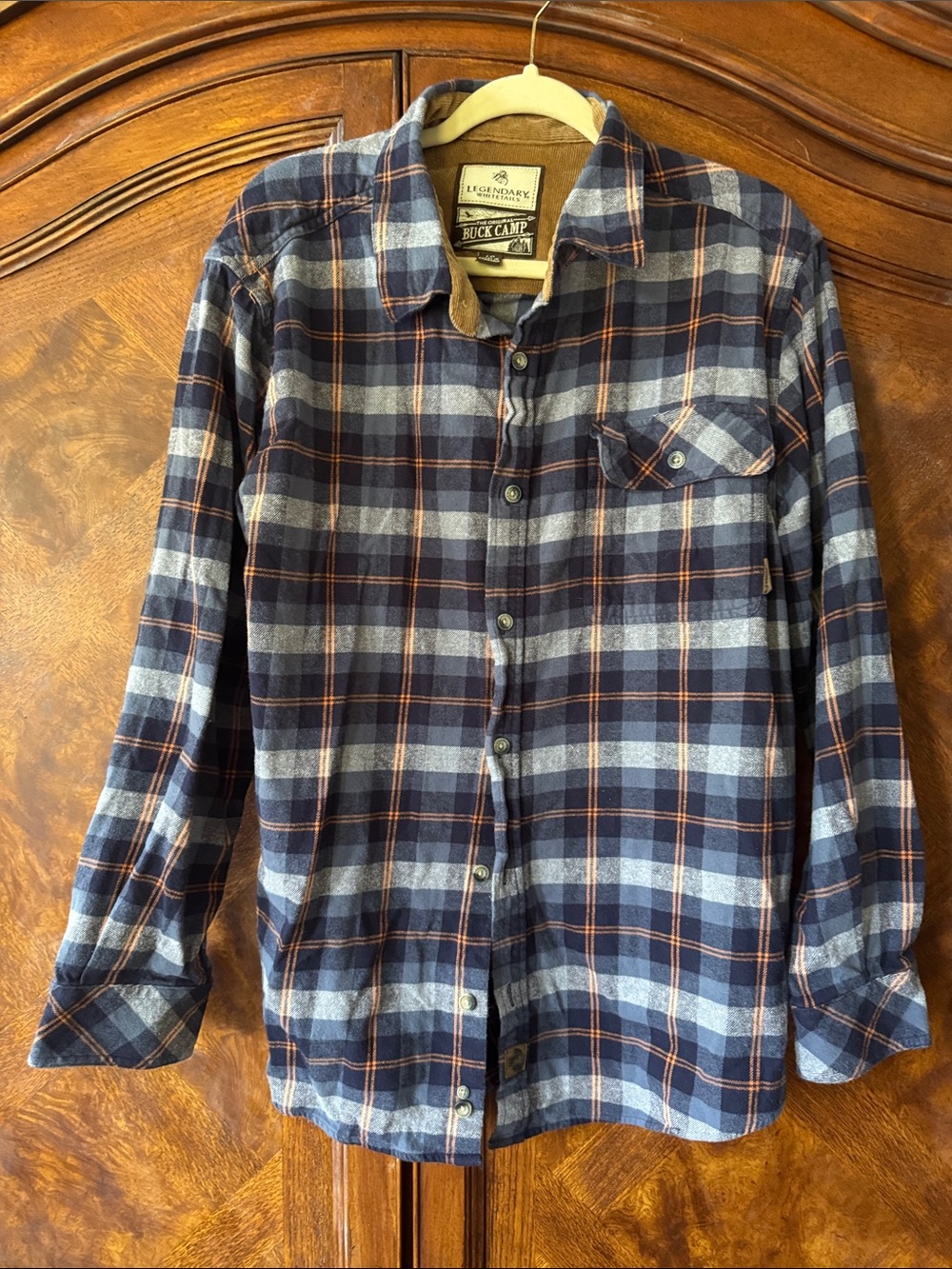 Legendary Whitetails Navy, Gray and Orange Plaid Button-Up Shirt size Large